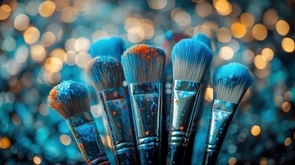 Paint-splattered brushes against a bokeh background