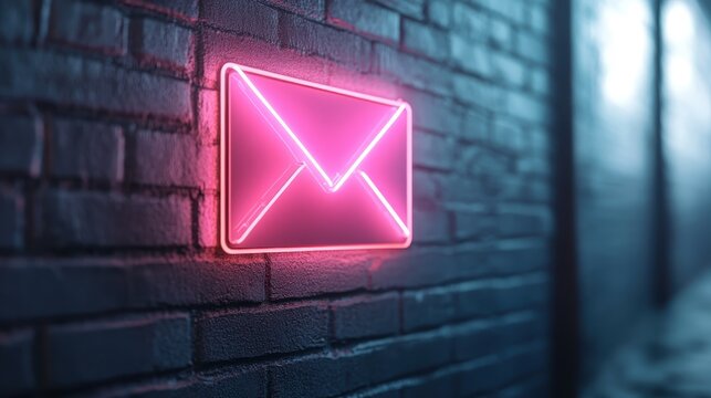 A vibrant neon pink envelope sign illuminated against a textured brick wall adds a modern touch, perfect for conveying messages or inviting communication.