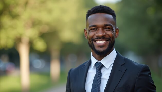 Confident young Black man in a suit smiles outdoors. Portrait of a happy businessman in a stylish suit, positive attitude. Corporate pro career, success, ambition concept.