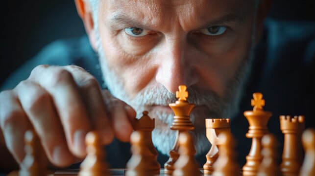 A man with a beard is intently studying a chess board, highlighting the strategic nature and mental challenge present in a classic game of chess.