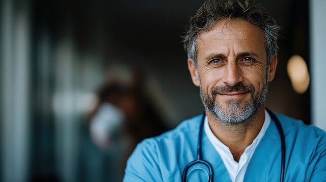 This heartwarming image shows a smiling veterinarian wearing scrubs, radiating warmth and professionalism while highlighting the bond between humans and animals in a comforting environment.