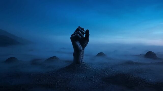 A surreal landscape. A human hand slowly grows upward from the soil, like a tree. The palm opens, glowing softly. Other hands begin to grow nearby, and one of the hands tries to grab a bird flying 