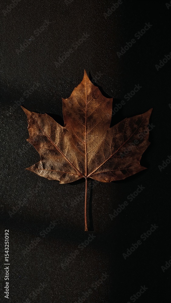 Poster a single brown maple leaf with visible veins lying on a dark textured surface in a vertical shot