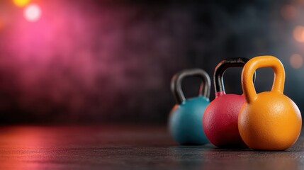 A colorful arrangement of kettlebells positioned against a dark, atmospheric backdrop, evoking a sense of energy and readiness for an intense workout session.