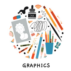 Art tools for graphic drawing like pencils, ink, crayons and eraser. Tools for traditional art, sketch lines and creative hobby projects. Trendy modern vector illustration, hand drawn flat design