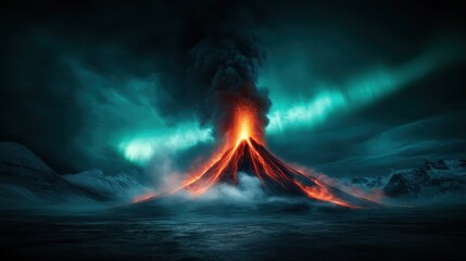 A spectacular volcanic eruption, framed by an ethereal display of northern lights, showcasing the power of nature and the beauty of celestial phenomena.