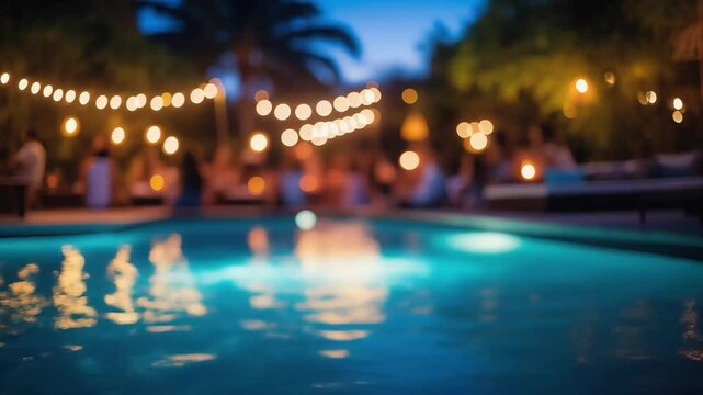Poolside evening party with string lights, blurred guests, tropical backdrop. Warm, festive atmosphere with reflections in water, capturing a relaxed summer night vibe.
