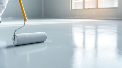 A paint roller applying fresh white paint on a smooth floor surface in a bright room with large windows.