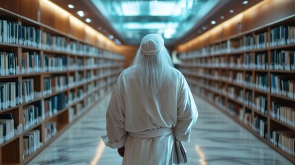 An elderly man stands in a library filled with books, embodying wisdom and knowledge in a serene environment, capturing the timeless importance of reading and learning.