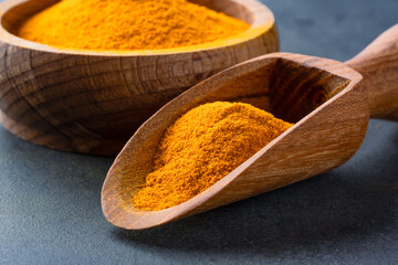 Turmeric with its magnificent orange color on a vintage black background