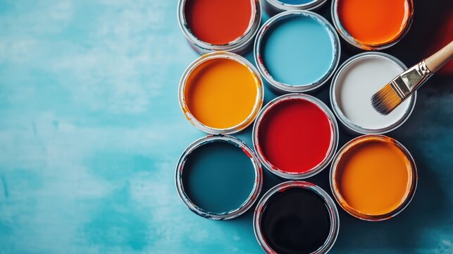 An artistic arrangement of colorful paint cans, showcasing a vibrant palette, inviting creativity and inspiring imagination for various artistic endeavors and projects.