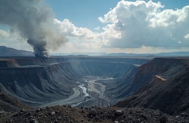 Open pit mining iron ore landscape view. Environmental pollution problems from industrial factory smoke. Aerial drone shot shows ecological disaster with dramatic clouds and mountain terrain.