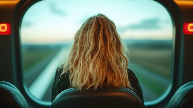 A woman with wavy hair gazes pensively out of a moving train window, lost in thought as the landscape blurs by, evoking a sense of journey and reflection.