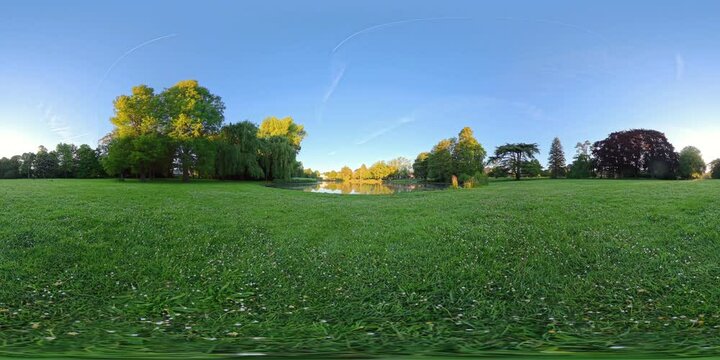 8K 360&deg; VR Video of Lake Bank Green Grass in Schoenwasser Park, Krefeld, Germany