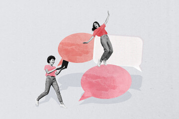 Trend artwork composite banner 3D photo collage of two young lady stand balance hold laptop speech...