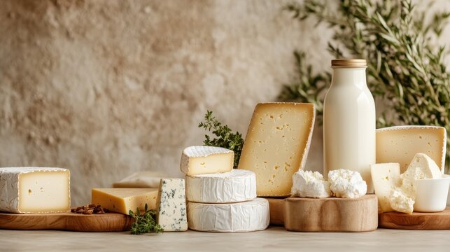 This picturesque display of assorted cheeses next to a bottle of milk and herbs showcases the richness and diversity of dairy products, perfect for culinary enthusiasts.