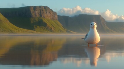 Fototapeta premium Peaceful seagull on tranquil shore, mountains in the background