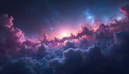 Spectacular view Milky Way galaxy, bright pink, purple, blue gas clouds against deep space, full stars. Cosmic beauty, breathtaking space astrophotography. Universe exploration. Science fantasy,