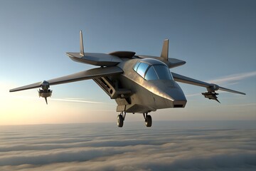 Fototapeta premium VTOL Jet Hovering on Helipad at Dusk