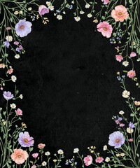Floral frame with pastel colored flowers and green stems on a dark background creating a border design