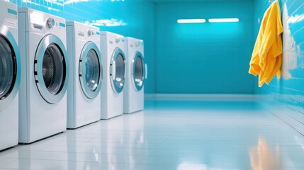 A modern laundry room featuring bright turquoise walls and neatly lined washing machines, creating a clean and organized space that promotes efficiency and calmness.