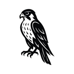 Angry Peregrine Falcon Vector Silhouette, Silhouette illustration of an angry peregrine falcon perched firmly with fierce expression and sharp features in black
