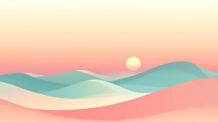 Pastel-toned landscape of rolling hills at sunset.