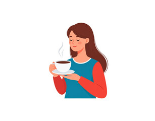 Cartoon Woman Enjoying Hot Coffee with Eyes Closed and Brown Hair.