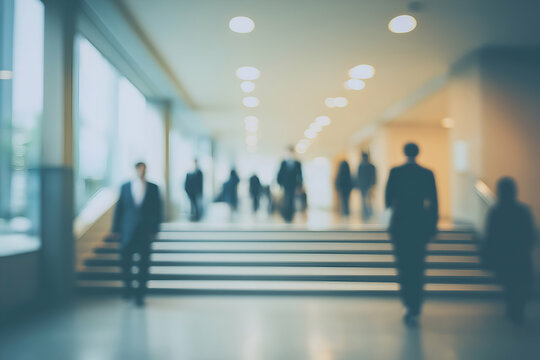 People Walking in a Modern Building Foyer With Stairs Abstractly, motion blur Business concept, motion bokeh background