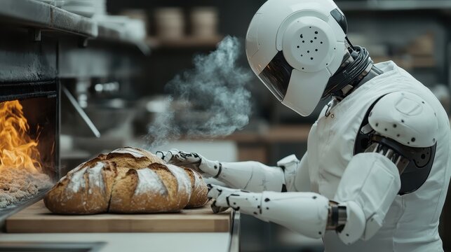 A humanoid robot skillfully bakes bread in a modern kitchen, demonstrating the blend of technology and culinary art in a contemporary food setting for innovation lovers.