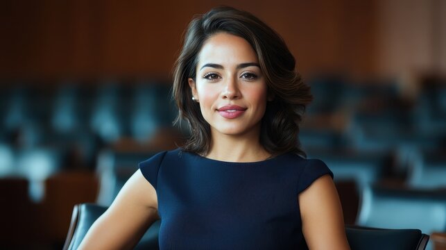 A confident young woman with a warm smile is seated in a polished environment, exuding professionalism and elegance amidst a backdrop of contemporary design and sophistication.