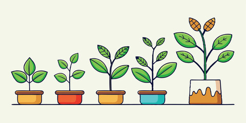 Plant Growth Stages Line Art Illustration Green Leaves Colorful Pots