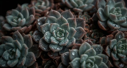 Close up of a cluster of succulent plants with water droplets on the leaves in a dark setting