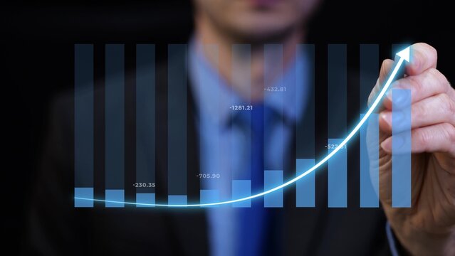 Professional draws upward financial chart on glass screen, showing progress, data, and business success. 3D graphic animation