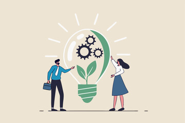 ESG, Environmental, Social and Corporate Governance, company responsibility to care world environment and people concept, business people touch light bulb with seedling green plant and governance gear