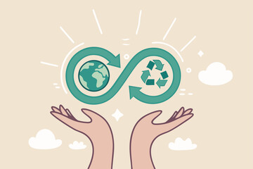 Circular economy, sustainability, ecology with reusable resource, energy or eco friendly product, recycle material or environment protection, climate change concept, hand hold circular economy cycle.