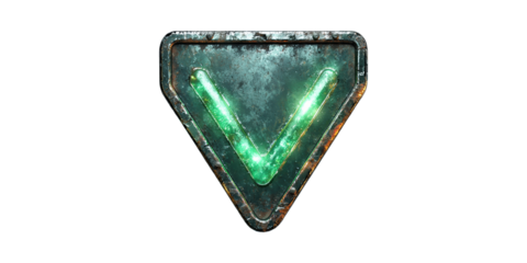 Rustic Metal Triangle With Glowing Green Checkmark. Symbol Of Approval And Success Isolated On Transparent Background