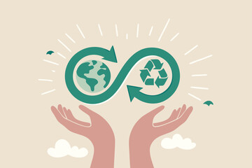 Circular economy, sustainability, ecology with reusable resource, energy or eco friendly product, recycle material or environment protection, climate change concept, hand hold circular economy cycle.