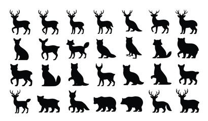 Obraz premium Collection of wild animal silhouettes including deer, bears, cats, foxes, and wolves arranged against a white background.