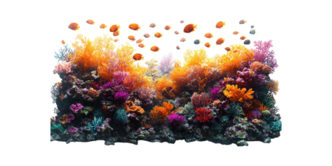 Vibrant Coral Reef Ecosystem With Colorful Fish. Marine Biodiversity And Ocean Conservation Isolated On Transparent Background
