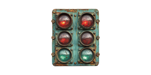 Vintage Industrial Traffic Light Panel. Retro Signaling Device For Urban And Railway Systems Isolated On Transparent Background