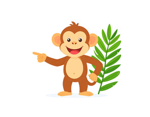 Cheerful Cartoon Monkey Pointing with a Smile Standing Near Green Leaves.
