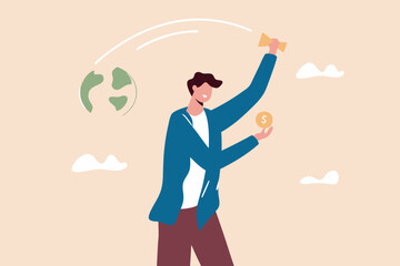 Irresponsible business destroy the world, climate change or global warming causing by big company, greedy businessman company owner happy holding precious money coin while throw away planet earth.