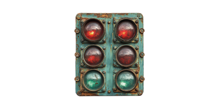 Vintage Industrial Traffic Light Panel. Retro Signaling Device For Urban And Railway Systems Isolated On Transparent Background