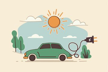 EV, Electric car clean energy environment friendly or hi technology using reusable solar power to fuel battery car concept, Electric car with power cable and electric plug with nature tree and sun.