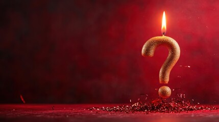 A shimmering golden question mark candle stands amidst scattered glitter, capturing the essence of curiosity and mystery with its warm glow in a dynamic, vivid background.