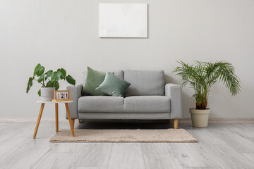 Stylish grey sofa, houseplants and picture hanging on light wall in living room