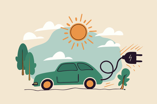 EV, Electric car clean energy environment friendly or hi technology using reusable solar power to fuel battery car concept, Electric car with power cable and electric plug with nature tree and sun.