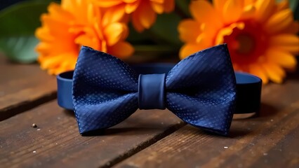 Happy Father's Day. Men's bow tie on wooden background with flowers. Father's Day. Men's accessories	
