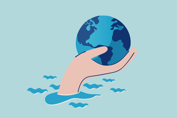 Save the world from climate change and global warming problem, protect our planet from melting ice flood or disaster concept, hand tendering holding world or globe above climate flood ocean.